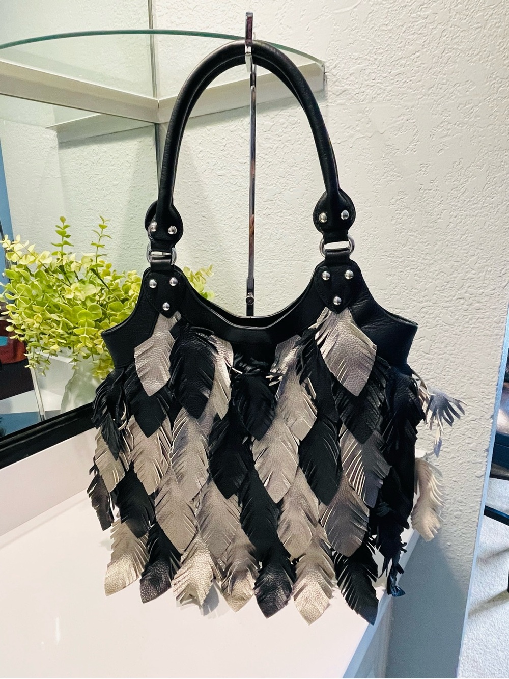 Frosting by Mary Norton Black & Silver Leather Feather-Accent Hobo Bag